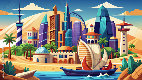 Futuristic coastal city illustration with skyscrapers, traditional sailboat, domes and palm trees set against desert dunes and blue sky