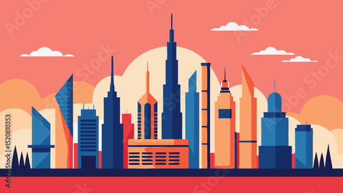 Modern flat illustration of a futuristic city skyline with skyscrapers and high-rise buildings at sunset