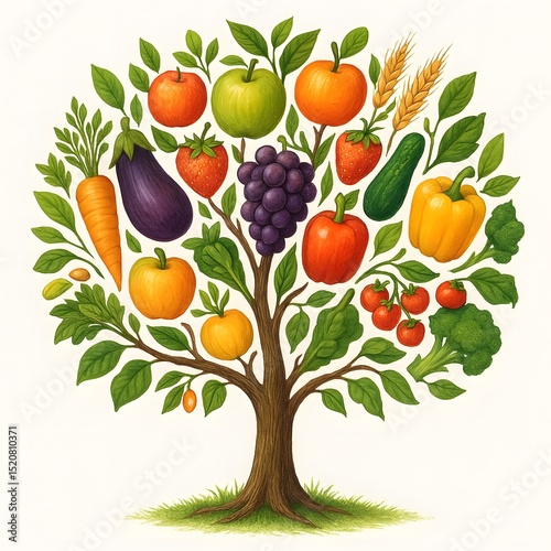 Tree Made of Fruits and Grains Representing Sustainable Eating. Generative AI