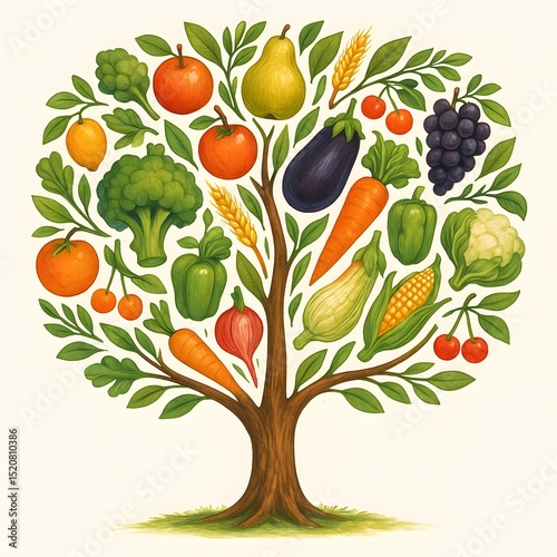 Tree Made of Fruits and Grains Representing Sustainable Eating. Generative AI