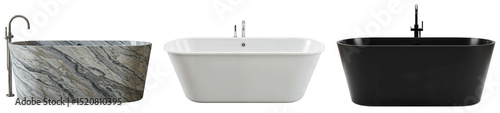 A curated collection of three stylish and modern bathtubs for luxury bathrooms (white, black, marble)