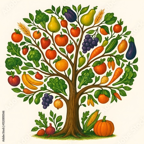 Tree Made of Fruits and Grains Representing Sustainable Eating. Generative AI