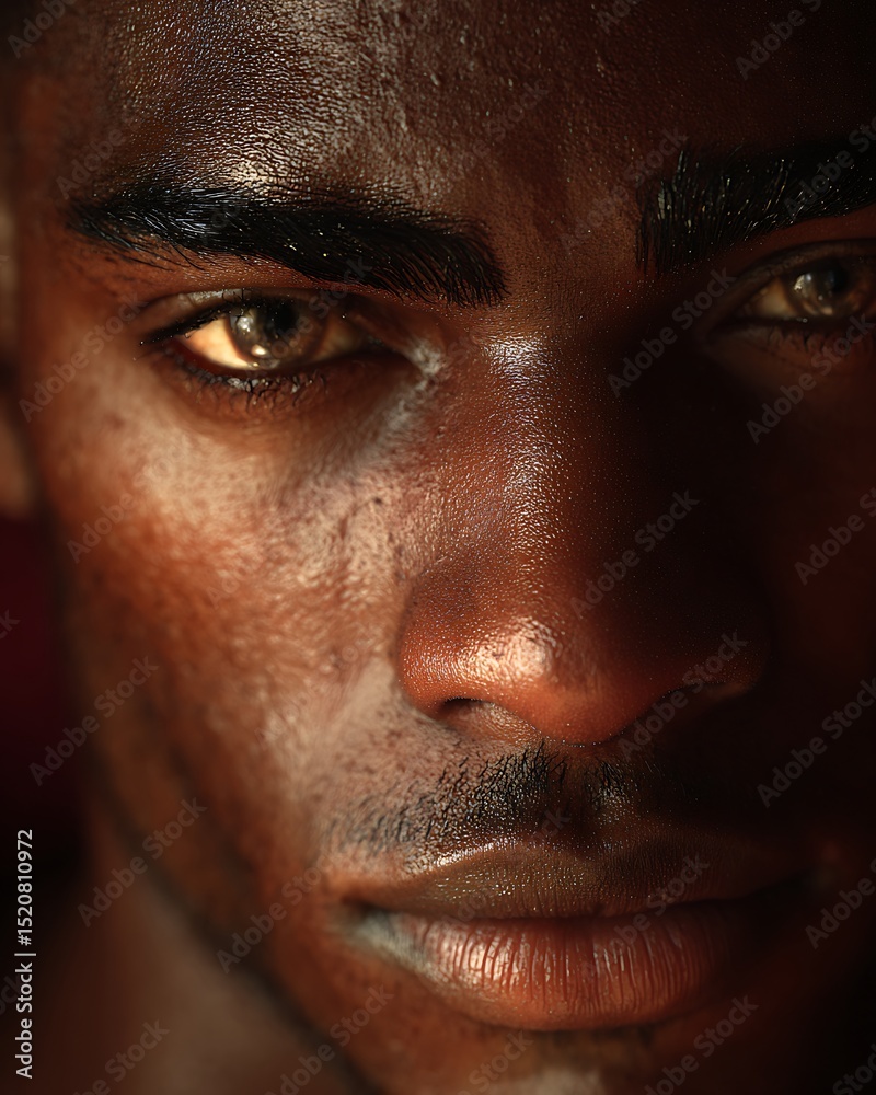 Obraz premium Dark-skinned man’s eyebrows with a thick natural shape. No grooming or makeup.