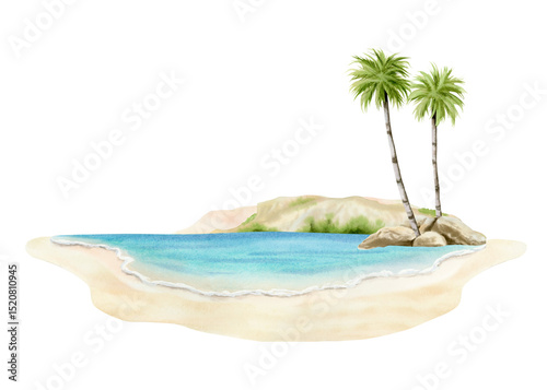 Ocean coast landscape with palm trees, beach, stones and island watercolor isolated illustration for tropical summer vacation and travel designs. Spa resort clip art of Florida or Mediterranean