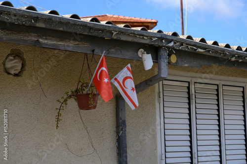 Flags of Turkey and Northern Cyprus on House Wall