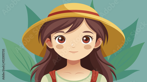 Cute cartoon girl with long brown hair wearing a yellow hat and backpack, smiling in front of green tropical leaves