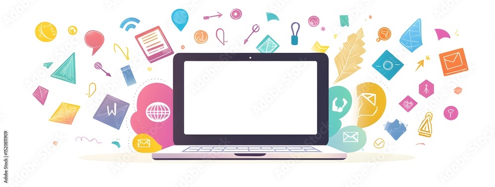 Colorful illustration of a laptop with a white screen, surrounded by digital marketing icons and colorful arrows on a light background. Colorful illustration of a laptop with a white screen, surrounded by digital marketing icons and colorful arrows on a light background.