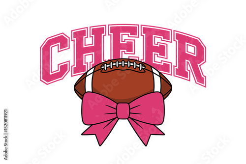 Cheer Text with Football and Pink Bow, Bold pink “CHEER” text in varsity style with a football above and large bow below, representing cheerleading and school spirit.

