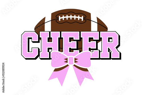 Cheer Text with Football and Pink Bow, Bold pink “CHEER” text in varsity style with a football above and large bow below, representing cheerleading and school spirit.


