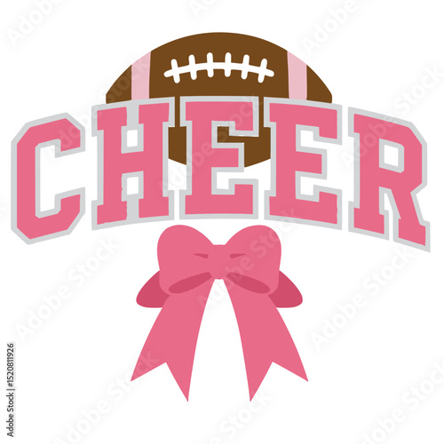 Cheer Text with Football and Pink Bow, Bold pink “CHEER” text in varsity style with a football above and large bow below, representing cheerleading and school spirit.

