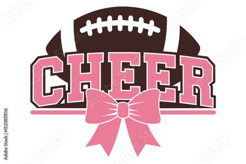 Cheer Text with Football and Pink Bow, Bold pink “CHEER” text in varsity style with a football above and large bow below, representing cheerleading and school spirit.

