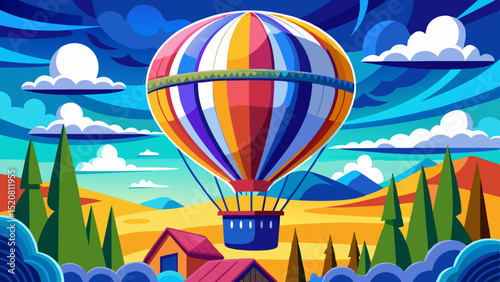 Colorful hot air balloon floating above a scenic landscape with hills, trees, clouds and a small house under a vibrant sky