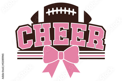 Cheer Text with Football and Pink Bow, Bold pink “CHEER” text in varsity style with a football above and large bow below, representing cheerleading and school spirit.

