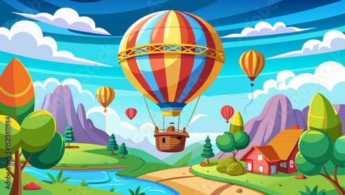 Colorful hot air balloons flying over a scenic countryside with mountains, trees, river and a cozy house under a bright sky