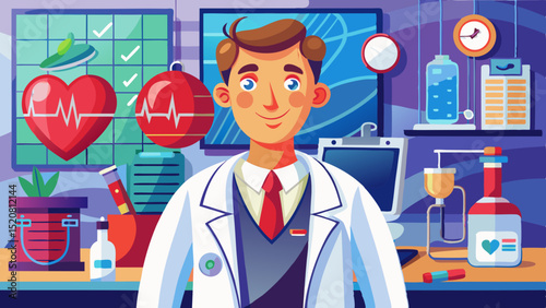 Smiling male doctor in a lab coat standing in a colorful medical office with heart monitors and lab equipment