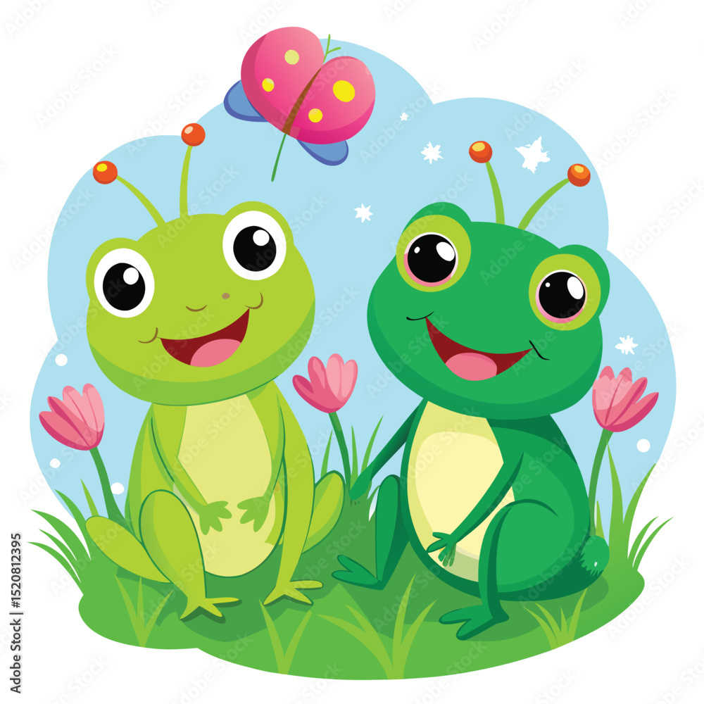 Obraz premium Two Cheerful Cartoon Frogs with Butterfly, Flowers, and Starry Sky Background