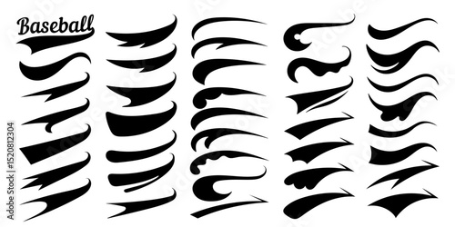 Swooshes text tails for baseball design. Sports swash underline shapes set in retro style. Swish typography font elements for athletics, baseball, football decoration. Black swirl vector line.