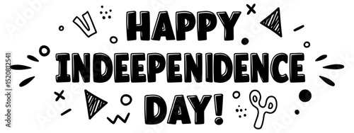 Happy Independence Day graphic design with stylized lettering and decorative elements. Modern. bold lettering design on a plain background.