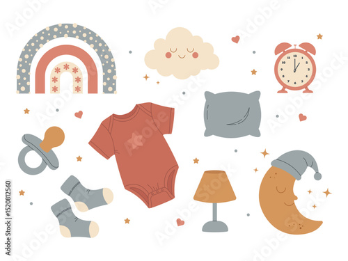 Cute baby sleep set with moon, cloud, rainbow, onesie, pillow, socks, pacifier, and alarm clock. Soft pastel colors, flat cartoon style, perfect for nursery designs.