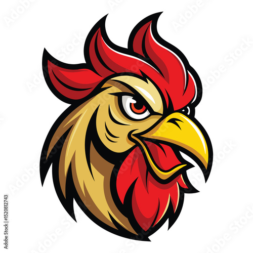 Vector Rooster Head with Red Comb, Golden Feathers, and Intense Eye on White