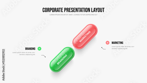 Project Visualization Two Option Diagram Slideshow Template. Modern Review Slide Design Vector Illustration. Service Insight 2 Step Infographic Frame Layout.