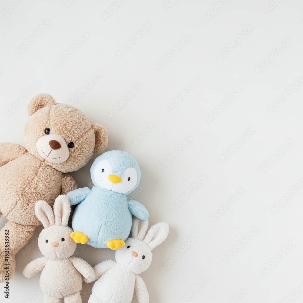 Cute plush toys including bear, bunny, and penguin on white background Cute plush toys including bear, bunny, and penguin on white background