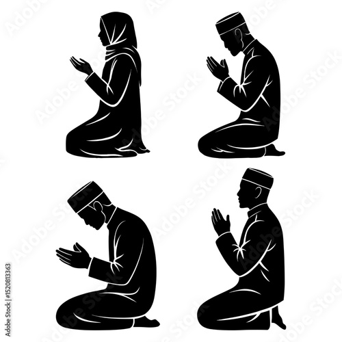 Illustration of four muslim figures in prayer position in black and white silhouette style