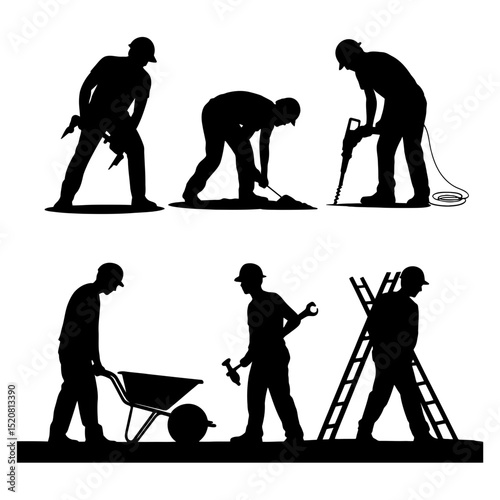 Silhouette illustration of construction workers in various poses and activities on white background