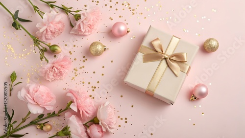 Elegant pink gift box with flowers and gold ornaments
