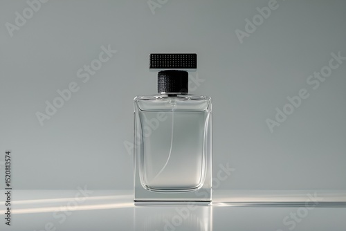 Photo-Realistic Clear Glass Perfume Bottle with Silver and Black Cap on Minimal Grey Background
