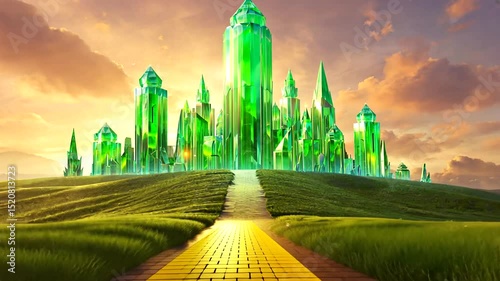 Vibrant emerald cityscape with towering crystalline structures under a golden sunset sky