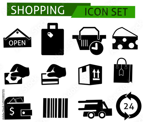 Shopping icon set. Containing basket, shopping cart, discount, online shopping, sale, client, delivery, wallet and shop. Solid vector icons collection.