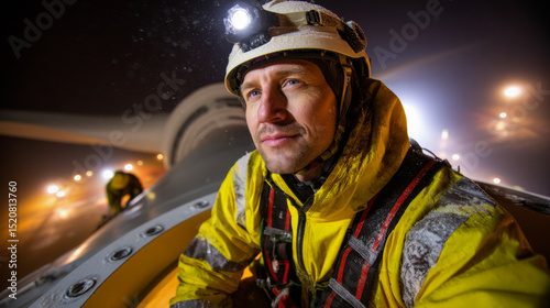 Offshore wind turbine maintenance worker in safety gear, focused and determined, working at night