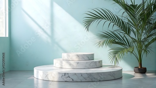 Elegant white marble display stand with tropical plant against a mint green wall