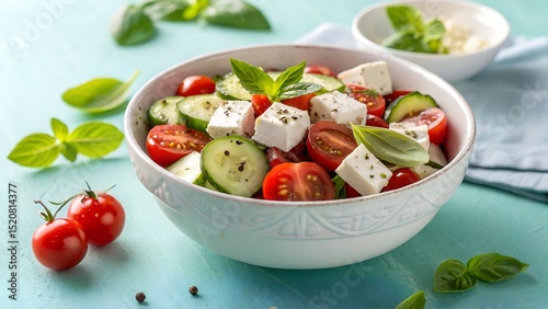 Fresh cucumber tomato feta salad with basil in a bowl