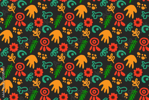 Juneteenth inspired seamless pattern. Abstract shapes in red, green, yellow, and blue on black. Perfect for celebration, fabric, and social media. Vibrant, festive atmosphere for Juneteenth