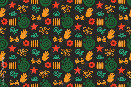 Juneteenth inspired seamless pattern. Abstract shapes in red, green, yellow, and blue on black. Perfect for celebration, fabric, and social media. Vibrant, festive atmosphere for Juneteenth