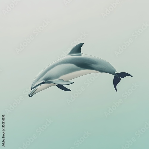 A small gray dolphin, gradient background with pastel gray to light teal on the right, isolated minimalist style