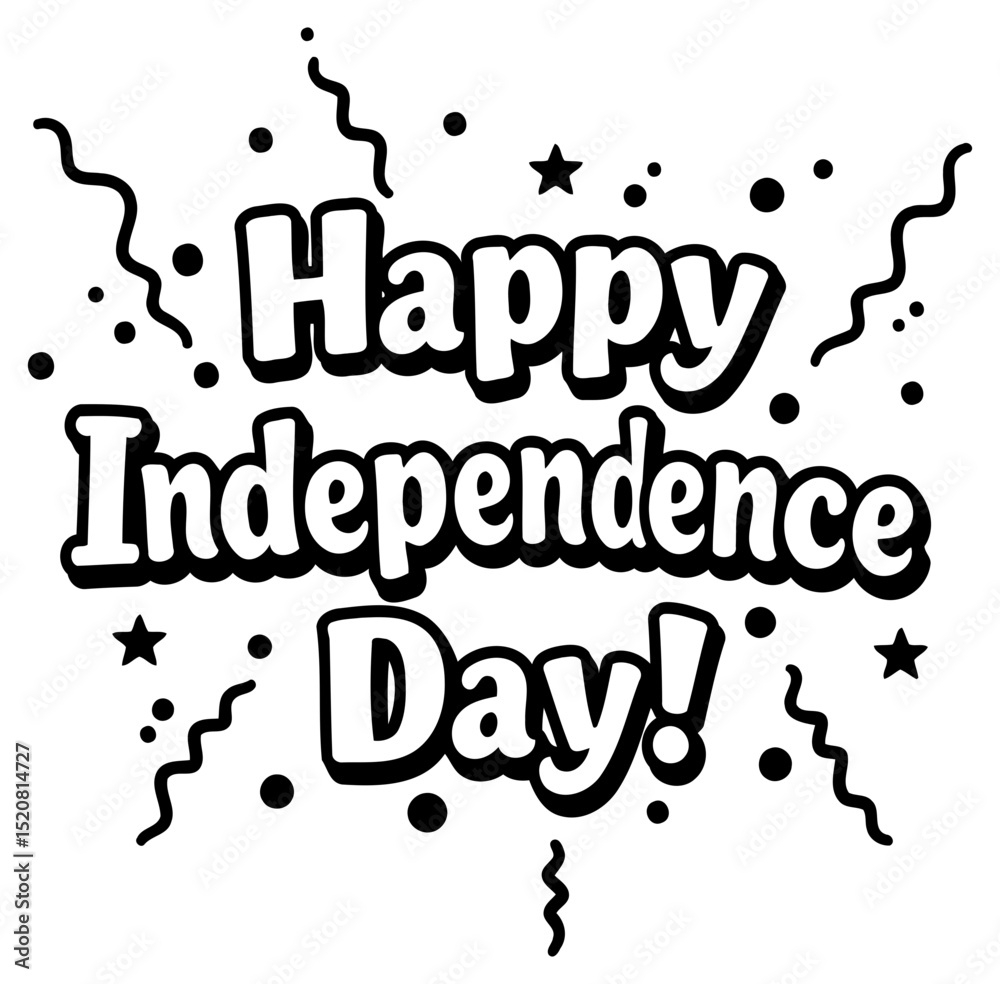 Fototapeta premium Happy Independence Day graphic design with celebratory elements. Bold. stylized text with decorative embellishments on a plain background.