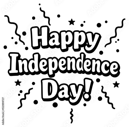 Happy Independence Day graphic design with celebratory elements. Bold. stylized text with decorative embellishments on a plain background.