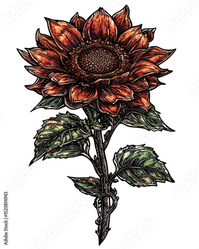Vibrant sunflower illustration with rich orange petals and detailed green leaves, evoking sense of warmth and beauty, Isolated cutout on a transparent background