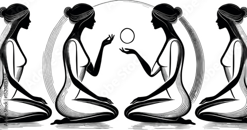Black-and-white minimalist illustration featuring two elegant female silhouettes in conversation, styled with soft lines and an oil drop silhouette symbol to evoke themes of wellness and balance.
