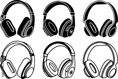Vector illustration of black and white outlined headphones on a white background
