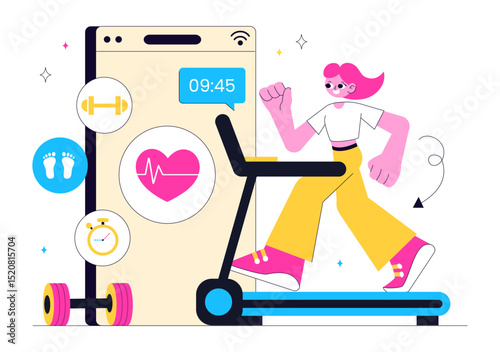 Virtual Fitness App Illustration Featuring People Enjoying Online Classes Using a Mobile Application to Promote Wellness and Healthy Lifestyle Trends