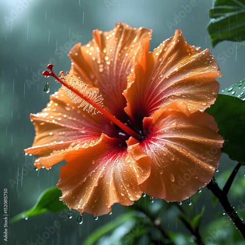 A vibrant orange hibiscus flower blooming in the rain captured in detailed close up