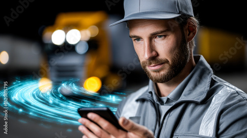 Digital concept of logistics network with worker using smartphone, showcasing modern technology in transportation