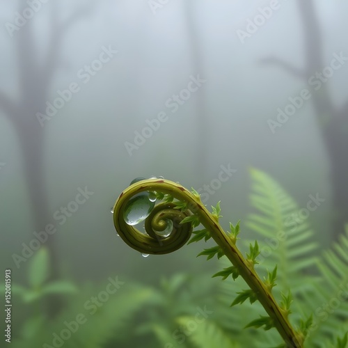 Close up of a fern frond unfurling with dewdrops in a misty forest setting
