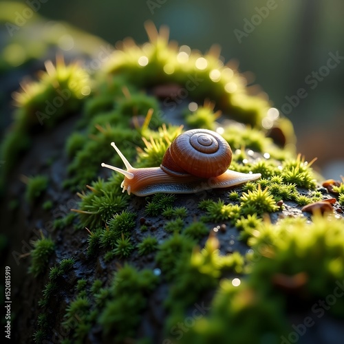 Close up of a snail crawling on a vibrant moss covered log in a forest
