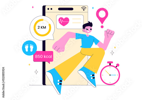 Virtual Fitness App Illustration Featuring People Enjoying Online Classes Using a Mobile Application to Promote Wellness and Healthy Lifestyle Trends