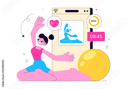 Virtual Fitness App Illustration Featuring People Enjoying Online Classes Using a Mobile Application to Promote Wellness and Healthy Lifestyle Trends